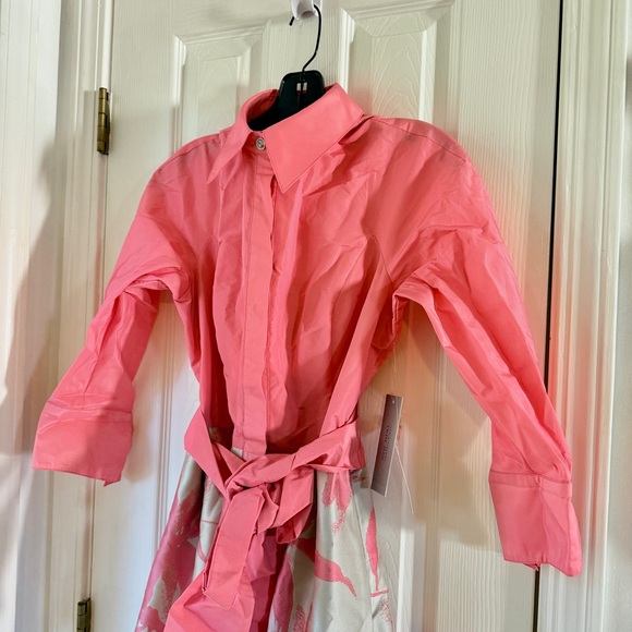 Teri Jon by Rickie Freeman Floral Taffeta Shirt Dress Gown Salmon Pink 4 - Picture 8 of 14